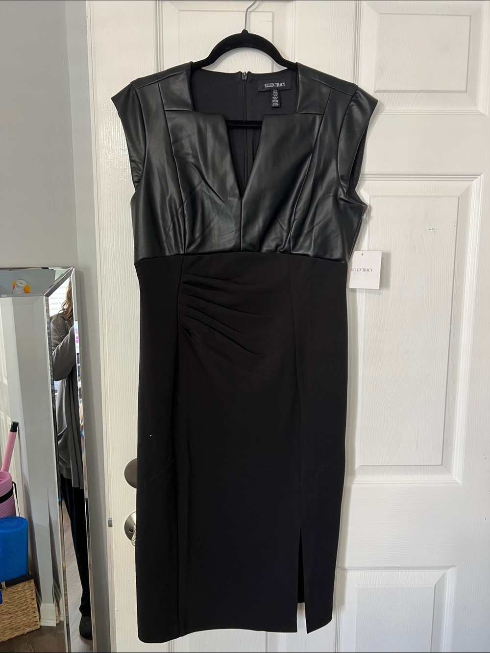 Ellen Tracy Black Faux-Leather Bodice Midi Sheath Dress